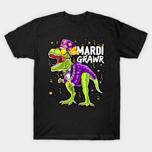 Mardi Grawr T Rex Dinosaur Mardi Gras Bead Costume Kids T-Shirt